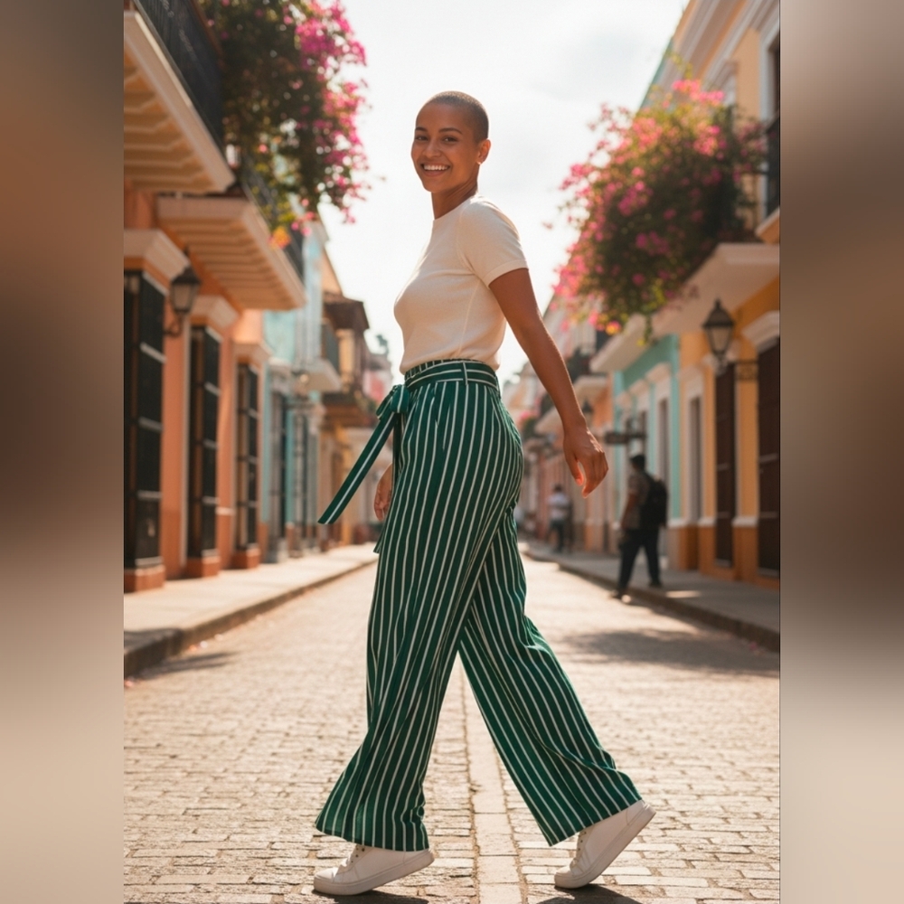 Active USA Women's Green White Stripe Paperbag Wide Leg Pants S